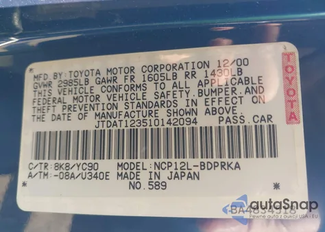 2001 Toyota Echo from USA, damaged, VIN JTDAT123510142094